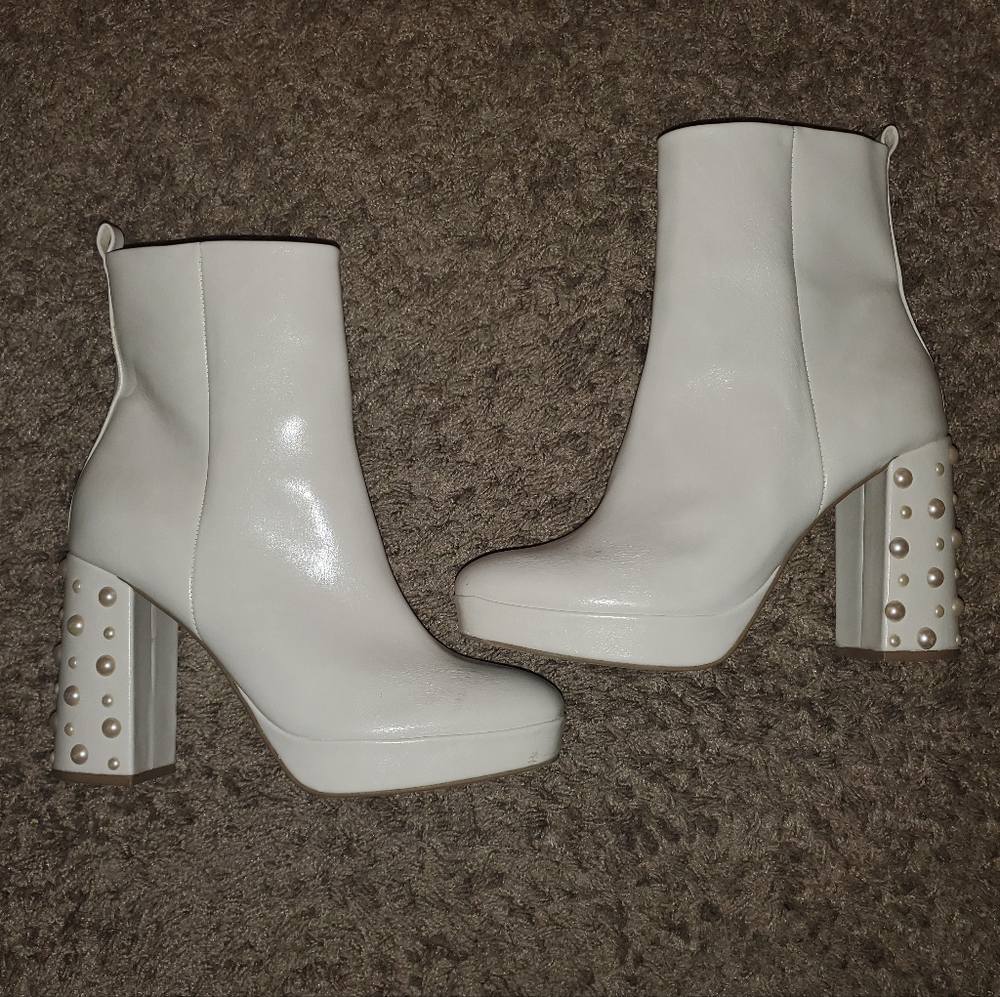 Report Platform Cream White Pearl Studded Boots - Size 10